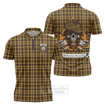 Jardine Tartan Zipper Polo Shirt with Family Crest and Bearded Skull Holding Bottles of Whiskey Unisex - Tartan Vibes Clothing