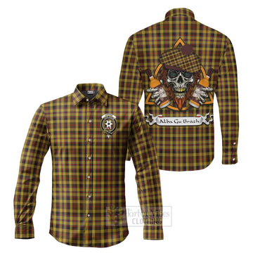 Jardine Tartan Long Sleeve Button Shirt with Family Crest and Bearded Skull Holding Bottles of Whiskey Men's Shirt S - Tartan Vibes Clothing