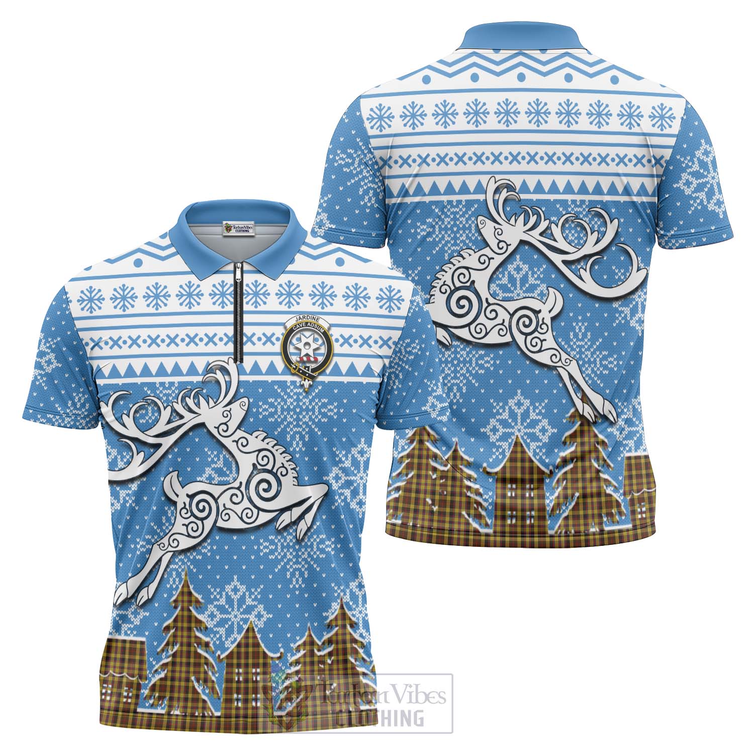 Jardine Clan Christmas Zipper Polo Shirt Celtic Reindeer Style Unisex - Tartan Vibes Clothing