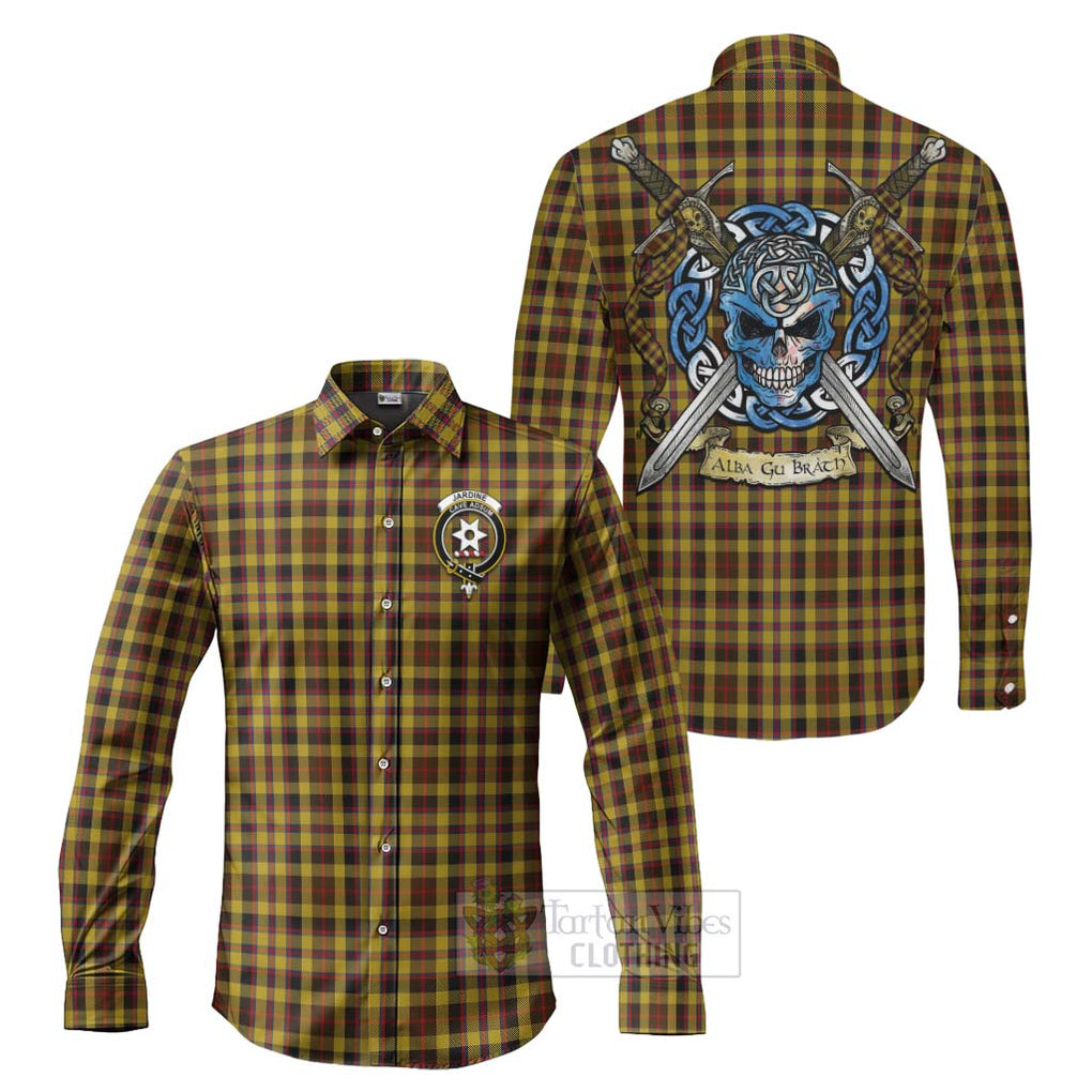 Jardine Tartan Long Sleeve Button Shirt with Family Crest Celtic Skull Style Men's Shirt S - Tartan Vibes Clothing