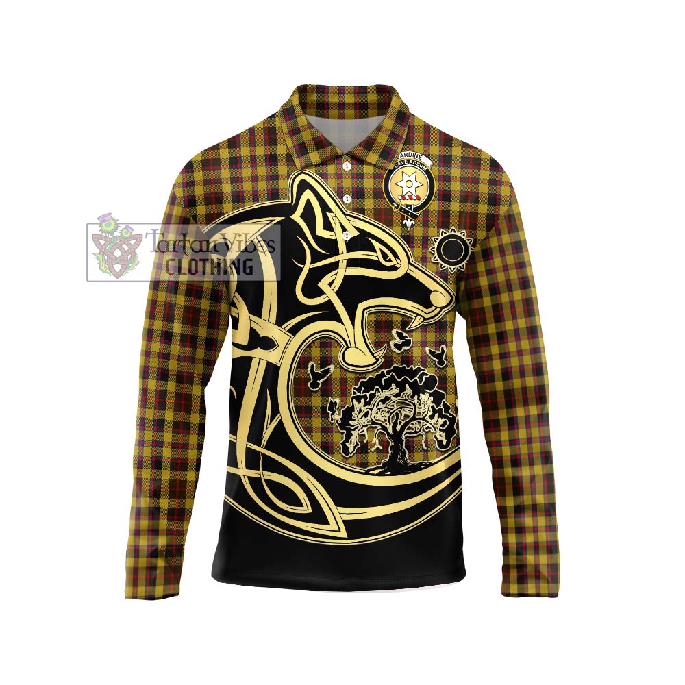 Jardine Tartan Long Sleeve Polo Shirt with Family Crest Celtic Wolf Style Unisex - Tartan Vibes Clothing