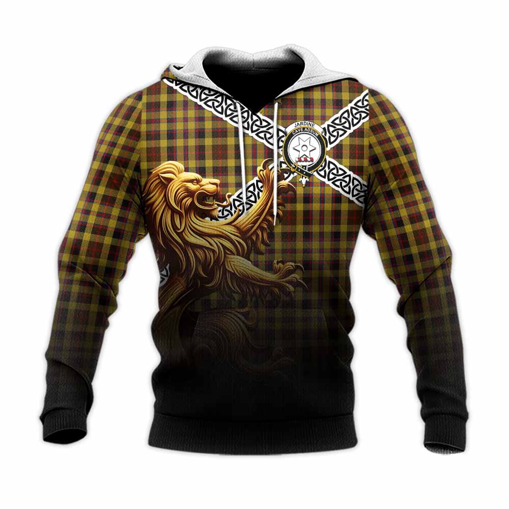 Jardine Crest Tartan Knitted Hoodie with Golden Lion Emblem Celtic Style Unisex Knitted Pullover Hoodie - Tartan Vibes Clothing