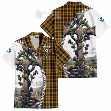 Tartan Vibes Clothing Jardine Tartan Short Sleeve Button Shirt with Family Crest and St. Andrew's Cross Accented by Thistle Vines