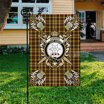 Jardine Tartan Garden Flag with Family Crest and Golden Thistle Crossed Sword Design