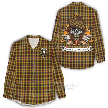 Jardine Tartan Women's Casual Shirt with Family Crest and Bearded Skull Holding Bottles of Whiskey - Tartan Vibes Clothing