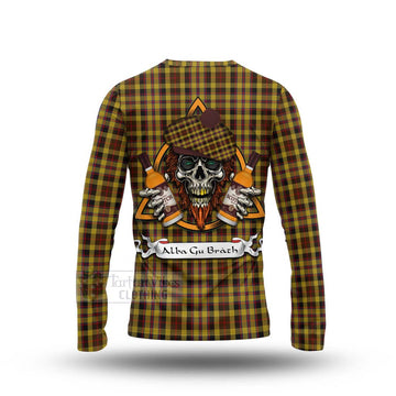 Jardine Tartan Long Sleeve T-Shirt with Family Crest and Bearded Skull Holding Bottles of Whiskey - Tartan Vibes Clothing