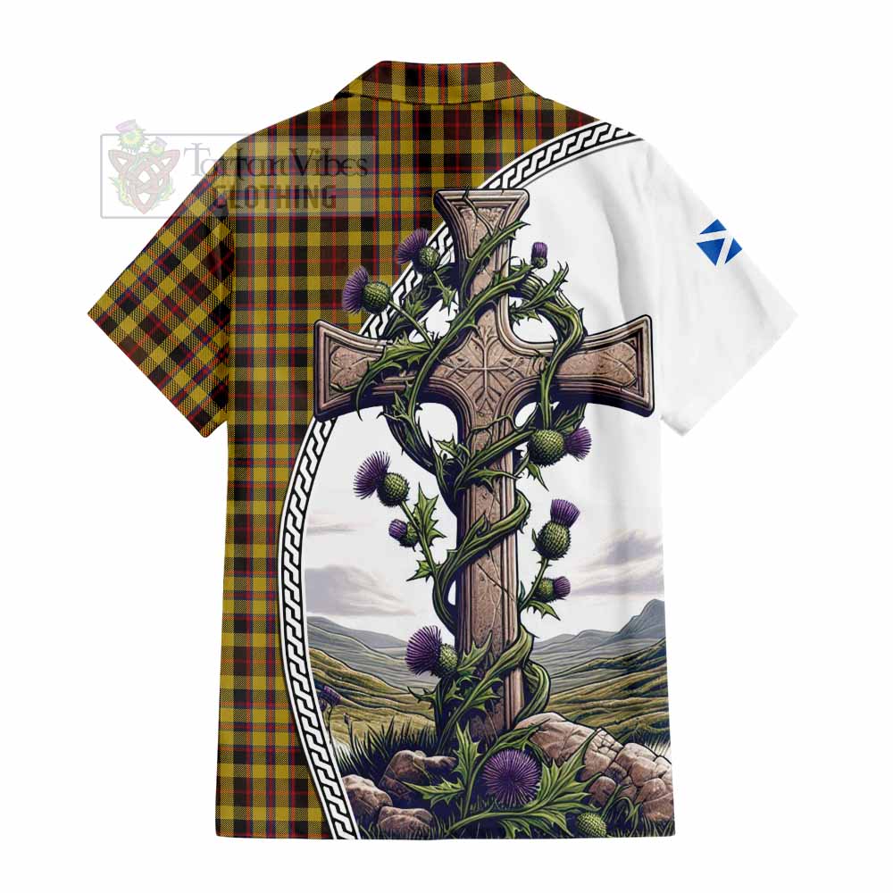 Tartan Vibes Clothing Jardine Tartan Short Sleeve Button Shirt with Family Crest and St. Andrew's Cross Accented by Thistle Vines