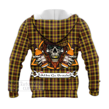 Jardine Tartan Knitted Hoodie with Family Crest and Bearded Skull Holding Bottles of Whiskey - Tartan Vibes Clothing