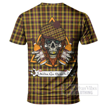 Jardine Tartan T-Shirt with Family Crest and Bearded Skull Holding Bottles of Whiskey - Tartan Vibes Clothing