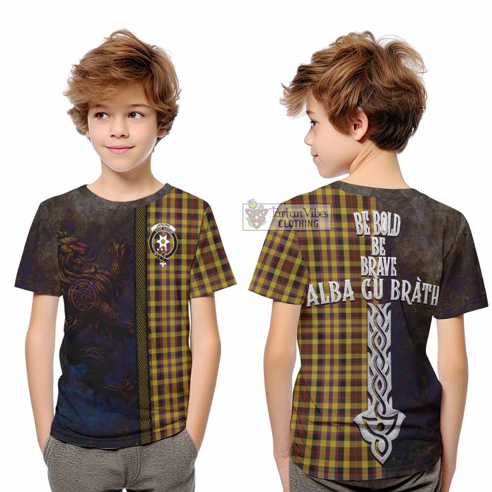 Tartan Vibes Clothing Jardine Tartan Family Crest Kid T-Shirt Alba Gu Brath Be Brave Lion Ancient Style