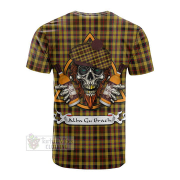 Jardine Tartan Cotton T-shirt with Family Crest and Bearded Skull Holding Bottles of Whiskey - Tartan Vibes Clothing