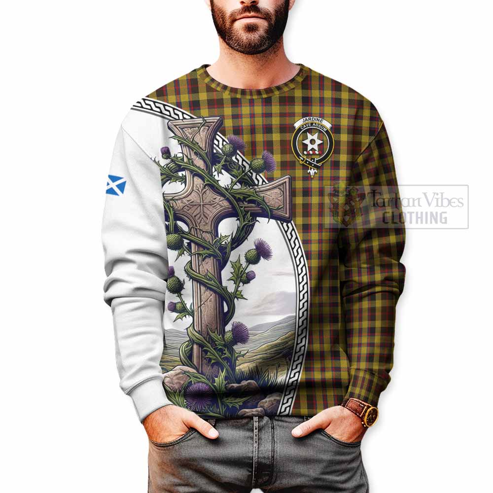 Tartan Vibes Clothing Jardine Tartan Sweatshirt with Family Crest and St. Andrew's Cross Accented by Thistle Vines