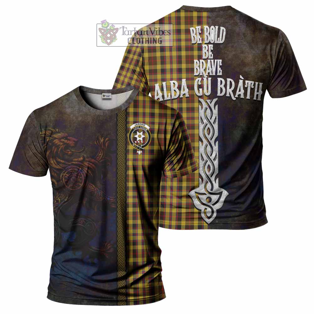 Tartan Vibes Clothing Jardine Tartan Family Crest T-Shirt Alba Gu Brath Be Brave Lion Ancient Style
