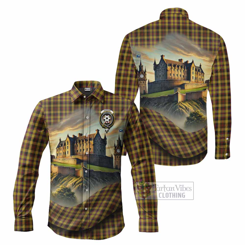 Tartan Vibes Clothing Jardine Tartan Family Crest Long Sleeve Button Shirt with Scottish Ancient Castle Style