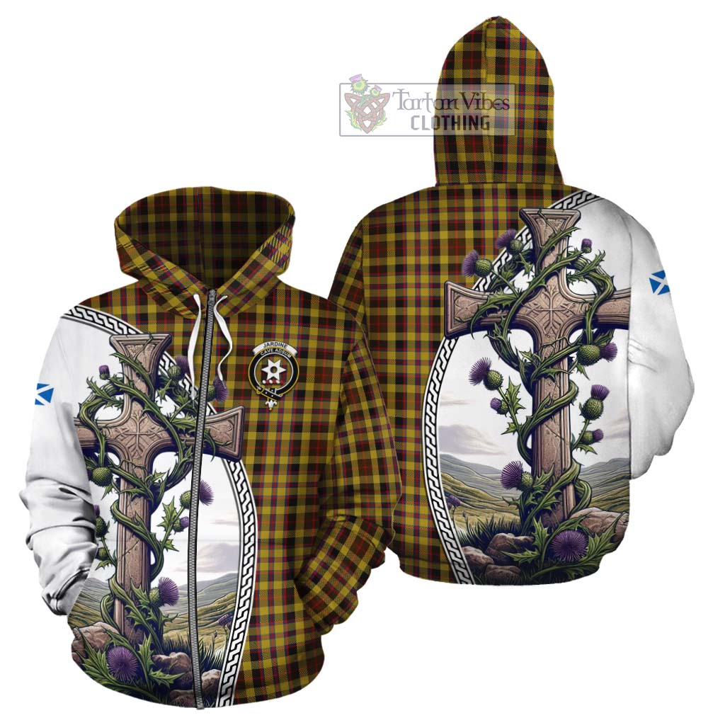 Tartan Vibes Clothing Jardine Tartan Cotton Hoodie with Family Crest and St. Andrew's Cross Accented by Thistle Vines