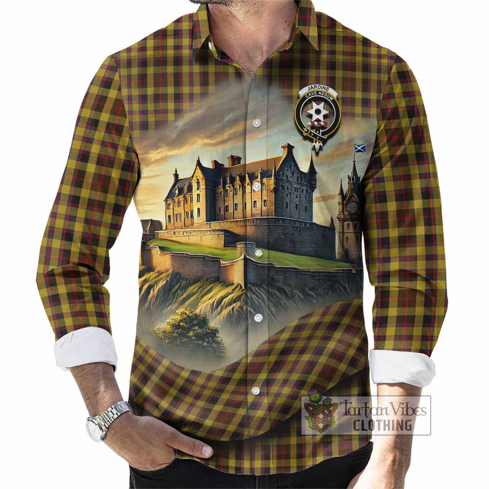 Tartan Vibes Clothing Jardine Tartan Family Crest Long Sleeve Button Shirt with Scottish Ancient Castle Style