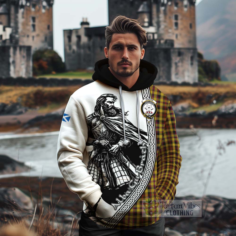 Jardine Tartan Clan Crest Cotton Hoodie with Highlander Warrior Celtic Style - Tartan Vibes Clothing