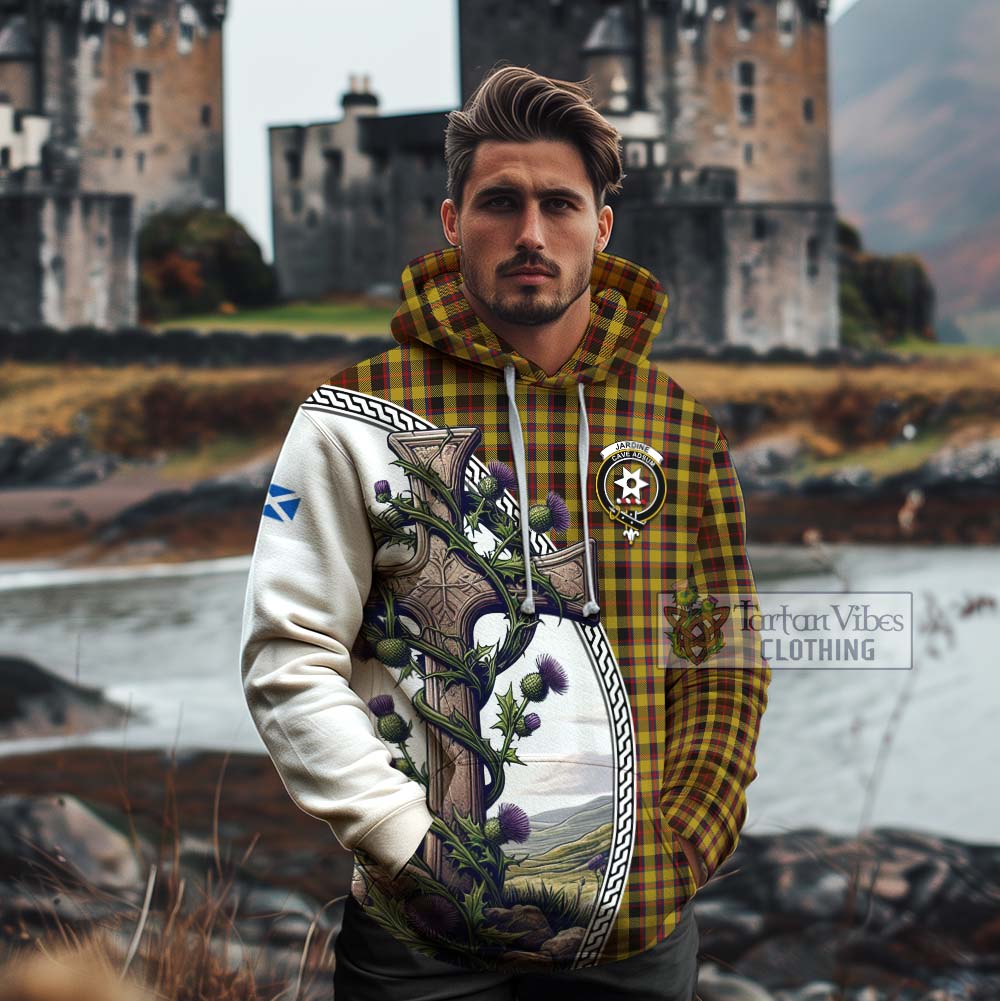 Tartan Vibes Clothing Jardine Tartan Cotton Hoodie with Family Crest and St. Andrew's Cross Accented by Thistle Vines