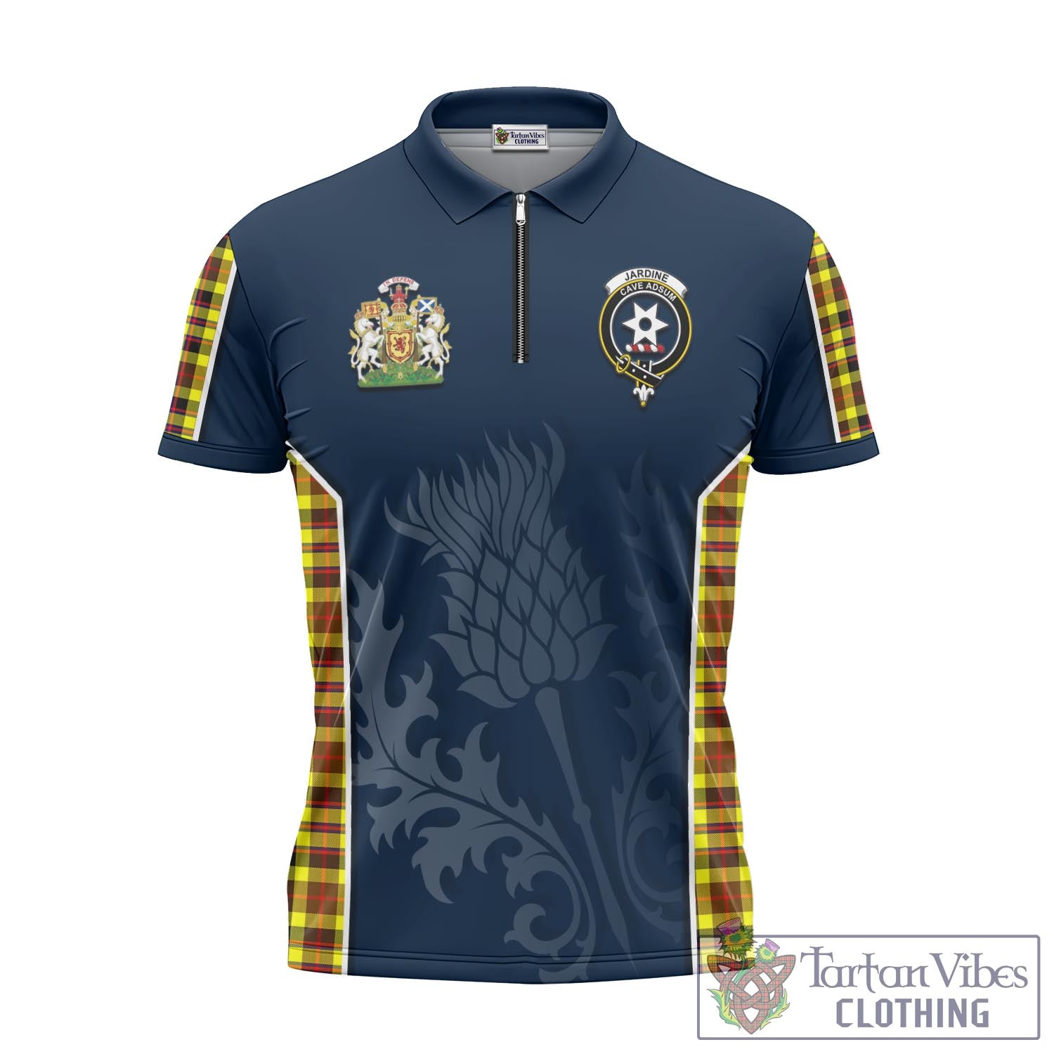 Tartan Vibes Clothing Jardine Modern Tartan Zipper Polo Shirt with Family Crest and Scottish Thistle Vibes Sport Style