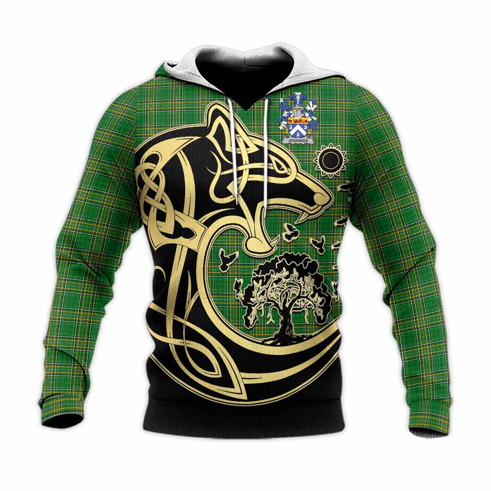 Tartan Vibes Clothing Jennings Irish Tartan Knitted Hoodie with Coat of Arms Celtic Wolf Style