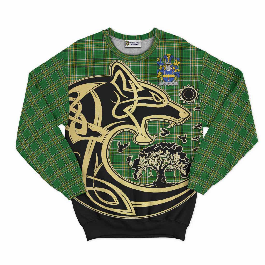 Jephson Irish Tartan Sweatshirt with Coat of Arms Celtic Wolf Style Unisex - Tartan Vibes Clothing