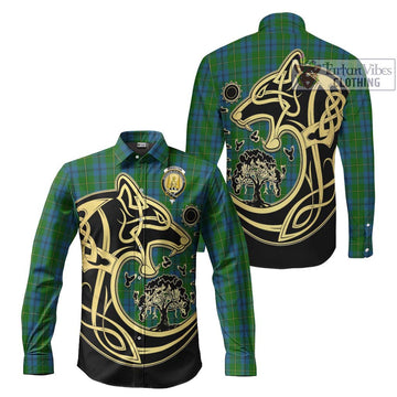 Johnston Tartan Long Sleeve Button Shirt with Family Crest Celtic Wolf Style Men's Shirt S - Tartan Vibes Clothing