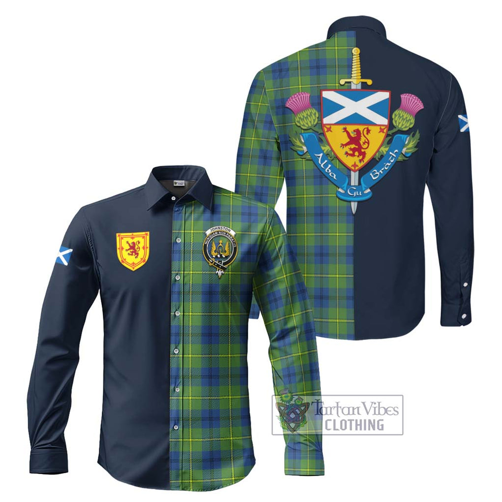 Tartan Vibes Clothing Johnston Ancient Tartan Long Sleeve Button Shirt with Scottish Lion Royal Arm Half Style