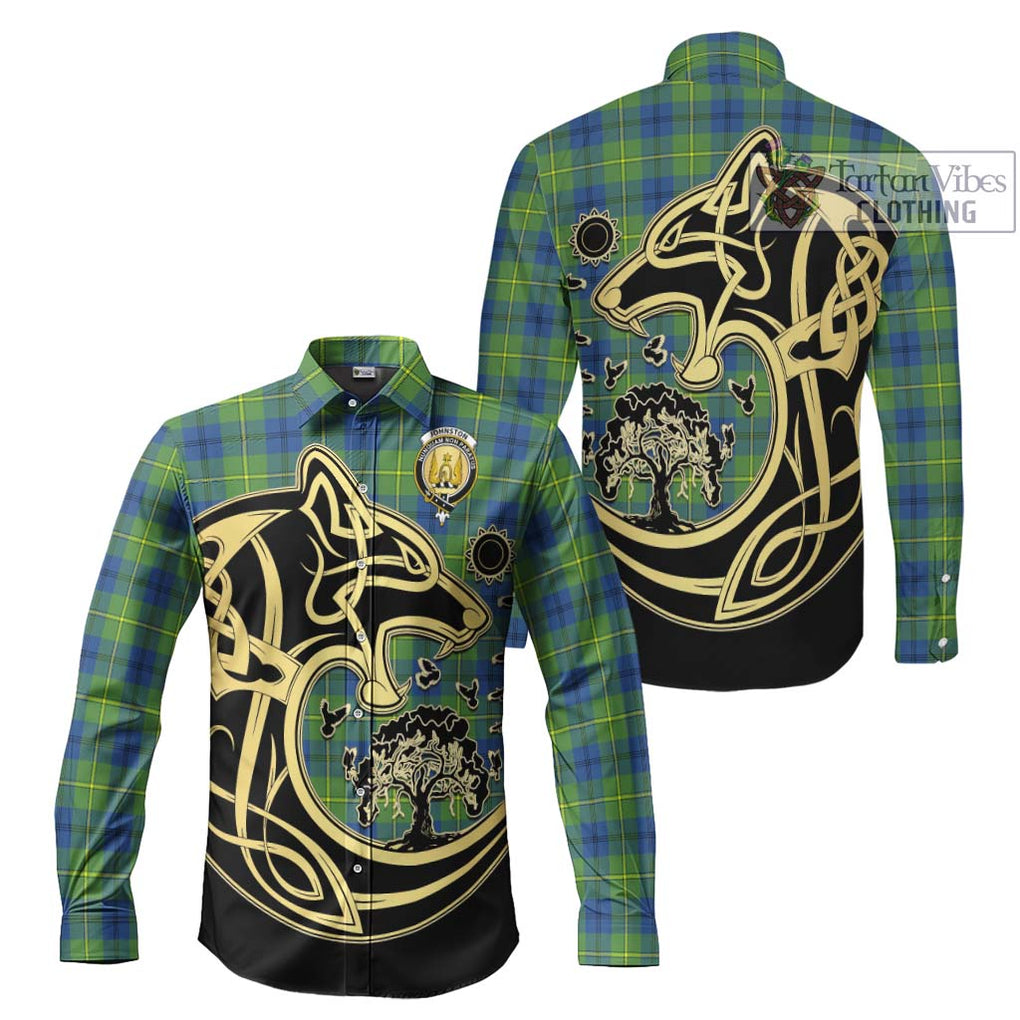 Johnston Ancient Tartan Long Sleeve Button Shirt with Family Crest Celtic Wolf Style Men's Shirt S - Tartan Vibes Clothing