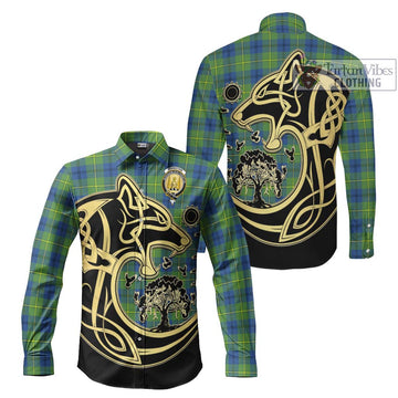 Johnston Ancient Tartan Long Sleeve Button Shirt with Family Crest Celtic Wolf Style Men's Shirt S - Tartan Vibes Clothing