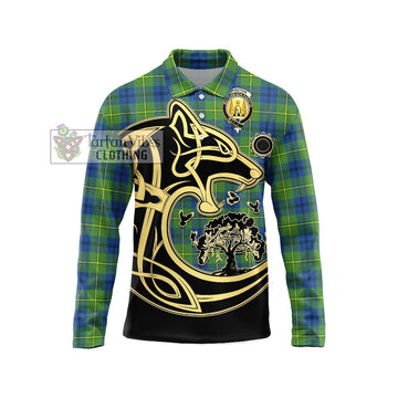 Johnston Ancient Tartan Long Sleeve Polo Shirt with Family Crest Celtic Wolf Style Unisex - Tartanvibesclothing Shop