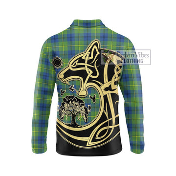 Johnston Ancient Tartan Long Sleeve Polo Shirt with Family Crest Celtic Wolf Style - Tartanvibesclothing Shop