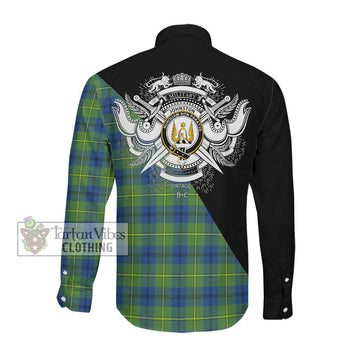 Johnston Ancient Tartan Long Sleeve Button Shirt with Family Crest and Military Logo Style Men's Shirt - Tartanvibesclothing Shop