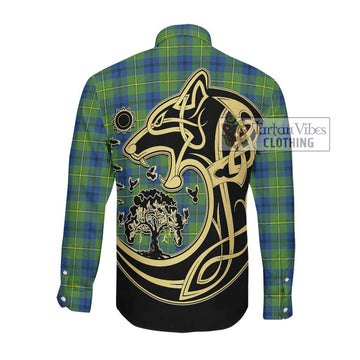 Johnston Ancient Tartan Long Sleeve Button Shirt with Family Crest Celtic Wolf Style Men's Shirt - Tartan Vibes Clothing