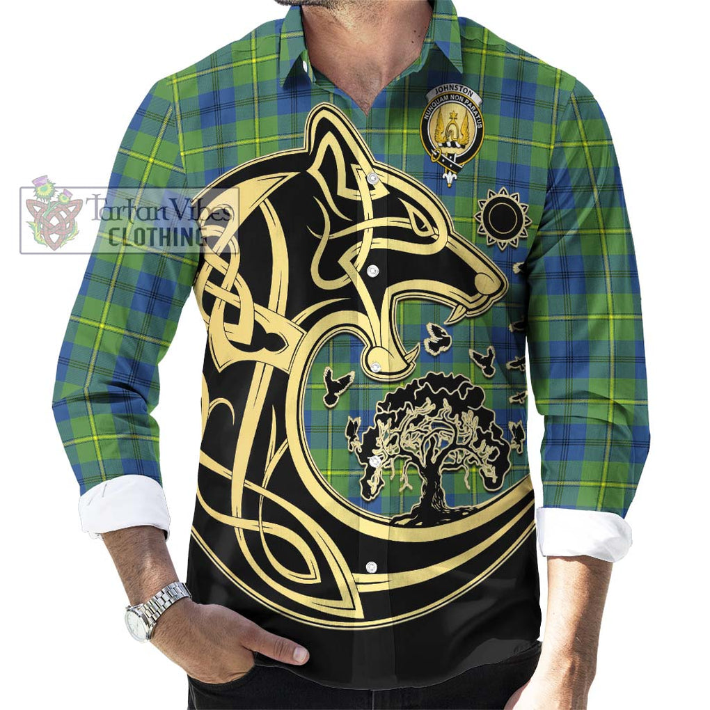 Johnston Ancient Tartan Long Sleeve Button Shirt with Family Crest Celtic Wolf Style - Tartan Vibes Clothing