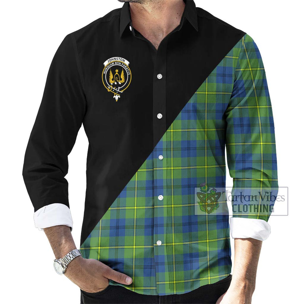 Johnston Ancient Tartan Long Sleeve Button Shirt with Family Crest and Military Logo Style - Tartanvibesclothing Shop