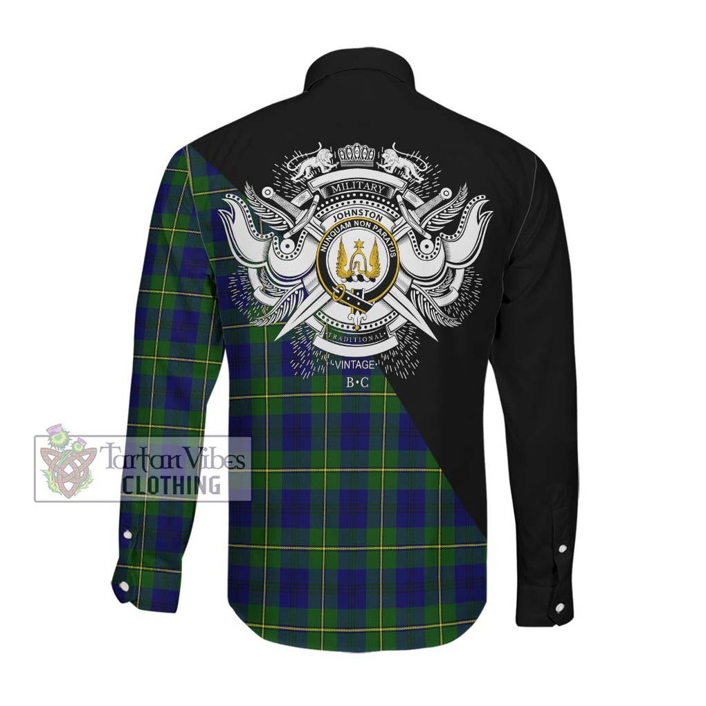 Johnston Modern Tartan Long Sleeve Button Shirt with Family Crest and Military Logo Style Men's Shirt - Tartanvibesclothing Shop