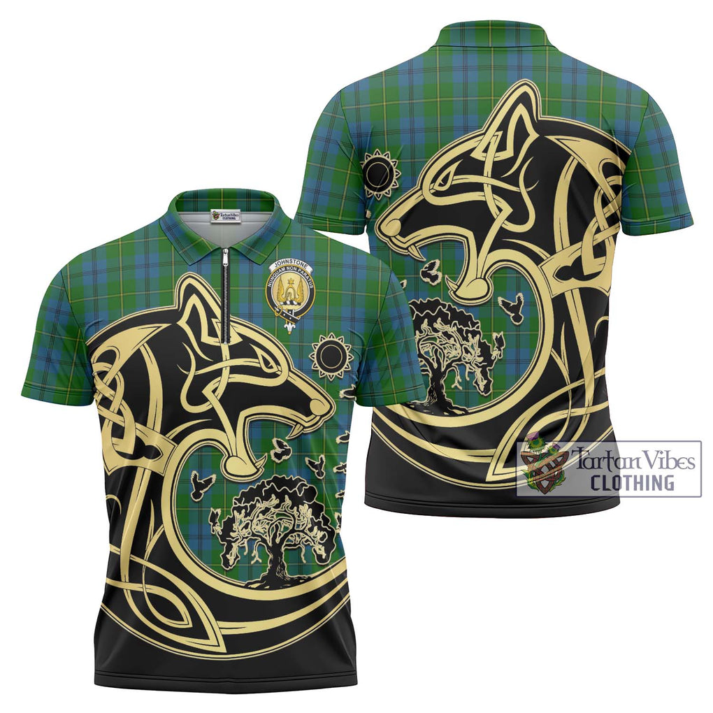 Johnstone (Johnston) Tartan Zipper Polo Shirt with Family Crest Celtic Wolf Style Unisex - Tartanvibesclothing Shop