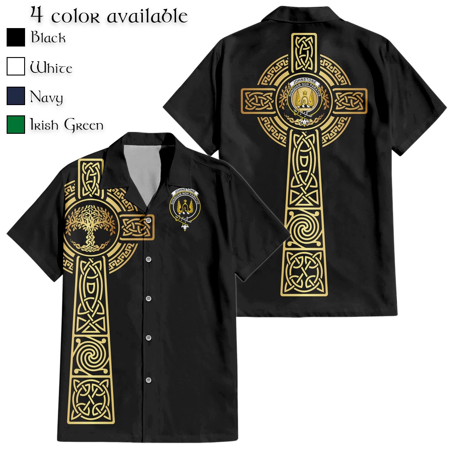 Johnstone Clan Mens Short Sleeve Button Up Shirt with Golden Celtic Tree Of Life Black - Tartanvibesclothing