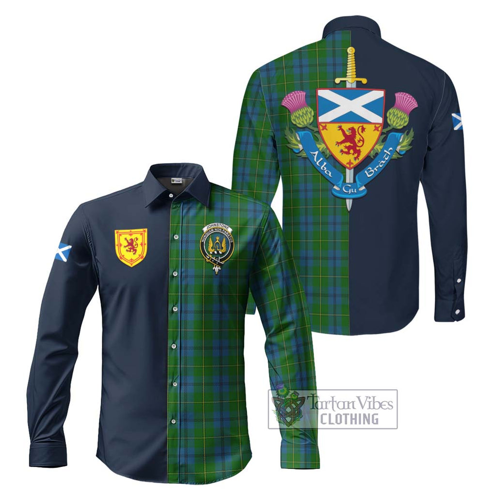 Tartan Vibes Clothing Johnstone Tartan Long Sleeve Button Shirt with Scottish Lion Royal Arm Half Style