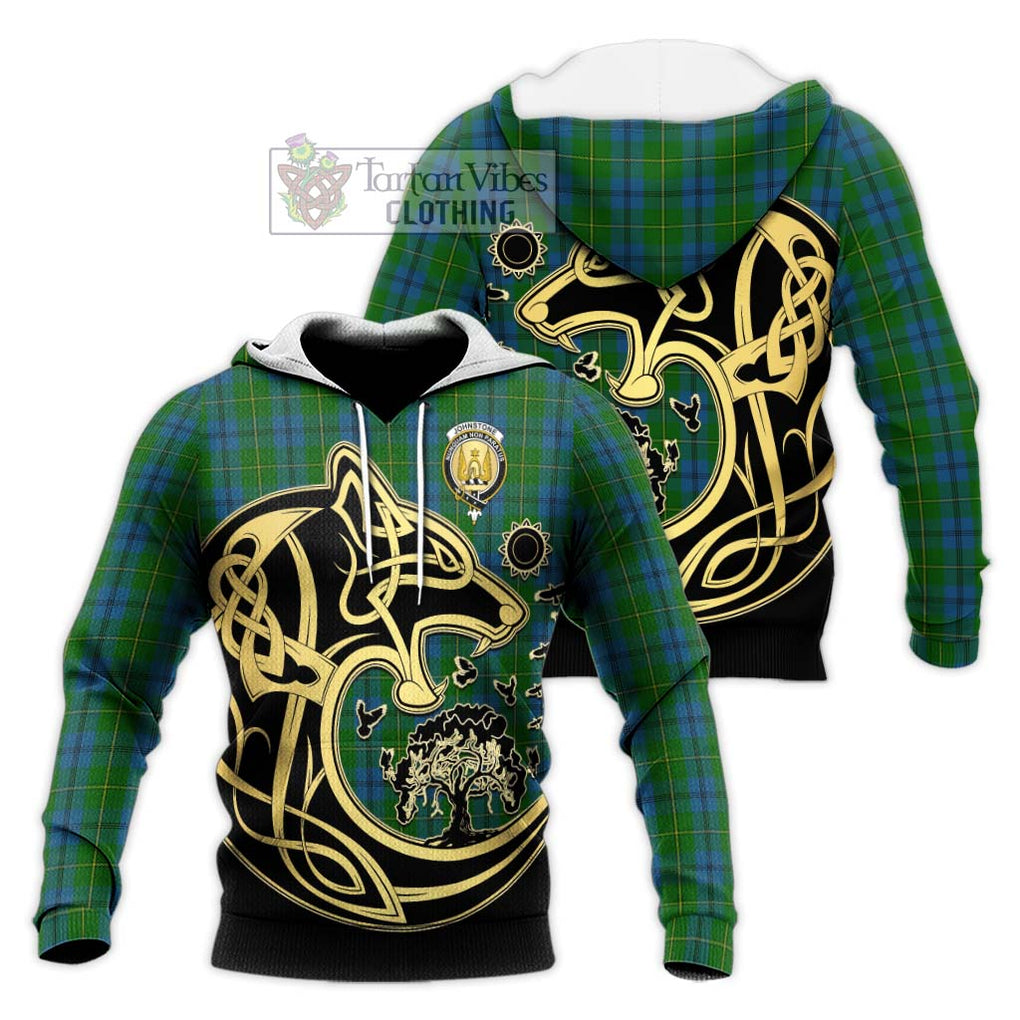 Johnstone (Johnston) Tartan Knitted Hoodie with Family Crest Celtic Wolf Style Unisex Knitted Pullover Hoodie - Tartan Vibes Clothing