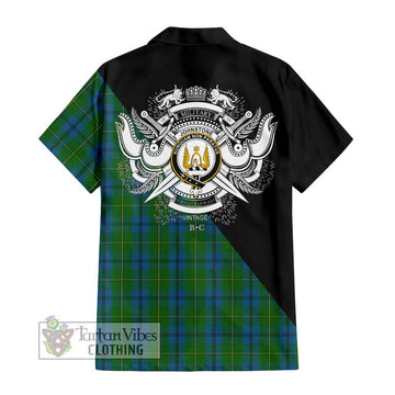 Johnstone (Johnston) Tartan Short Sleeve Button Shirt with Family Crest and Military Logo Style - Tartanvibesclothing Shop