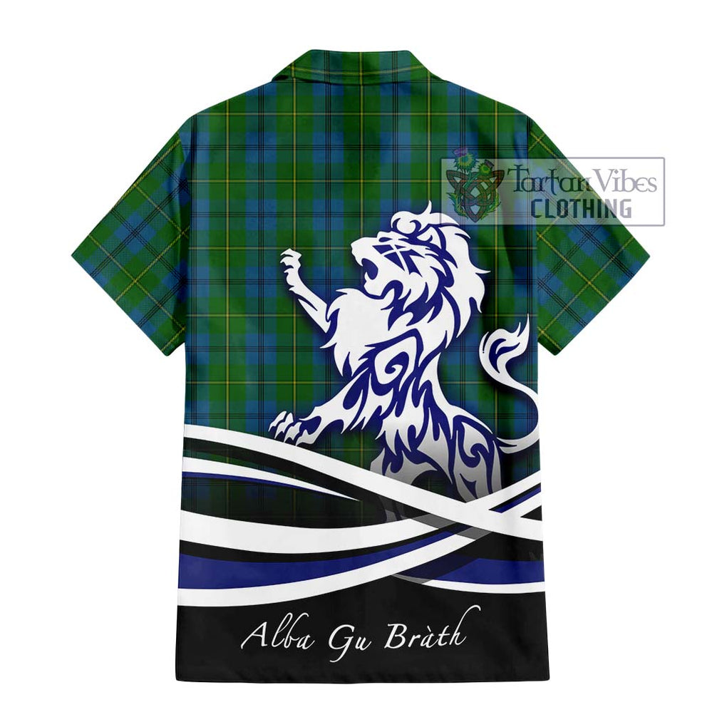 Johnstone (Johnston) Tartan Short Sleeve Button Shirt with Alba Gu Brath Regal Lion Emblem - Tartanvibesclothing Shop