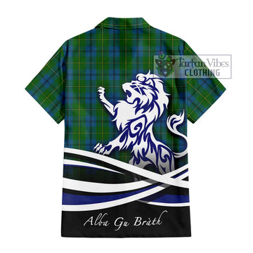 Johnstone (Johnston) Tartan Short Sleeve Button Shirt with Alba Gu Brath Regal Lion Emblem - Tartanvibesclothing Shop