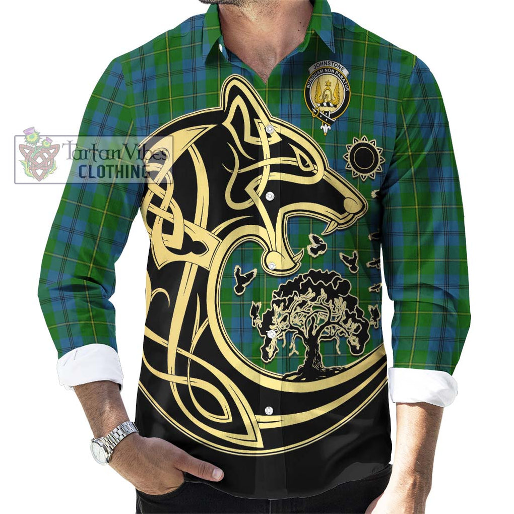 Johnstone (Johnston) Tartan Long Sleeve Button Shirt with Family Crest Celtic Wolf Style - Tartan Vibes Clothing