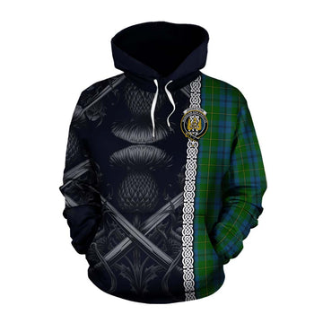 Tartan Vibes Clothing Johnstone (Johnston) Tartan Cotton Hoodie with Family Crest Cross Sword Thistle Celtic Vibes