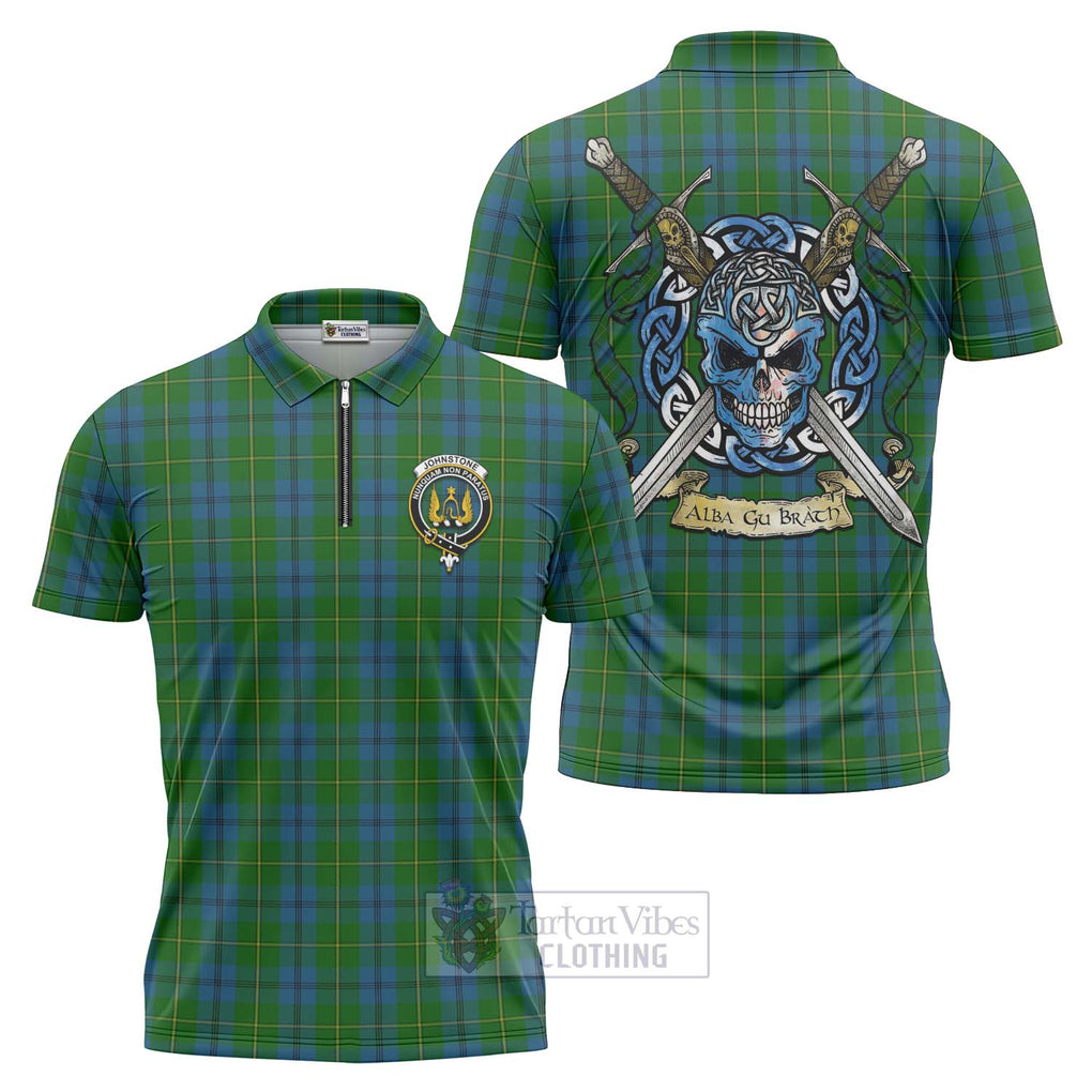 Tartan Vibes Clothing Johnstone (Johnston) Tartan Zipper Polo Shirt with Family Crest Celtic Skull Style