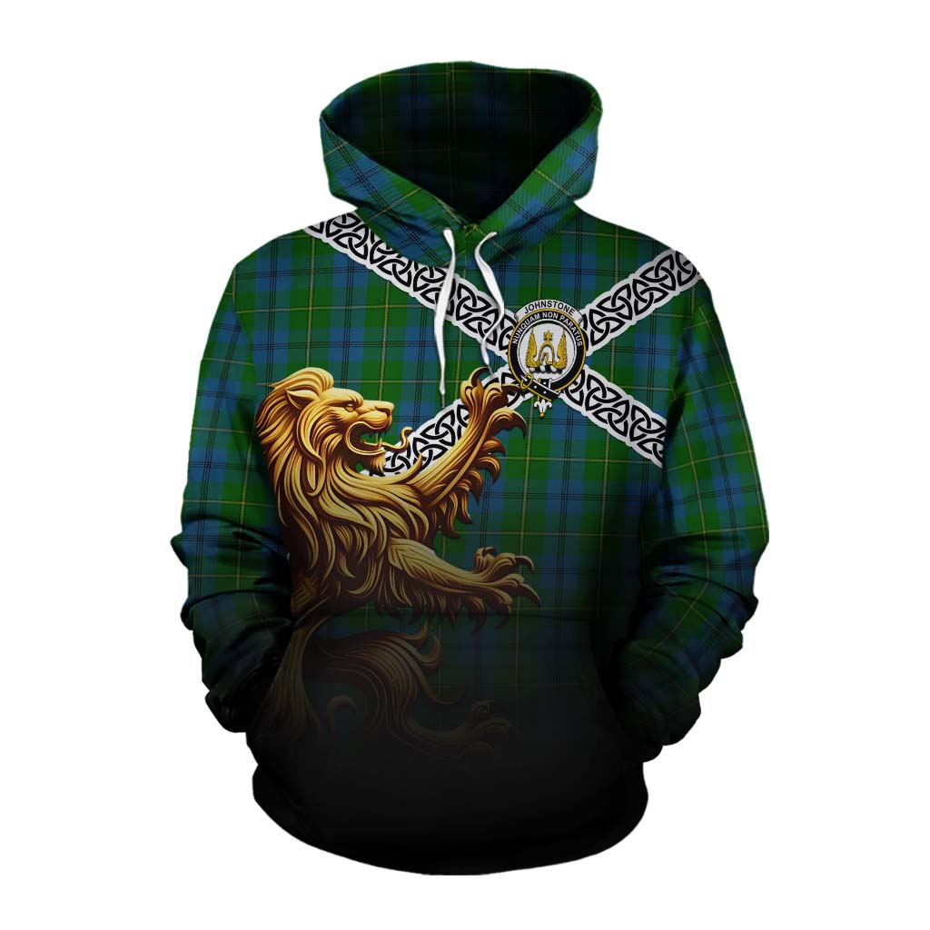 Tartan Vibes Clothing Johnstone (Johnston) Crest Tartan Cotton Hoodie with Golden Lion Emblem Celtic Style