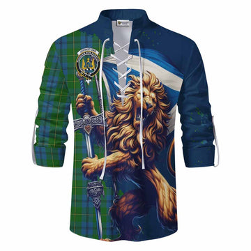 Johnstone (Johnston) Tartan Family Crest Ghillie Kilt Shirt with Scottish Majestic Lion