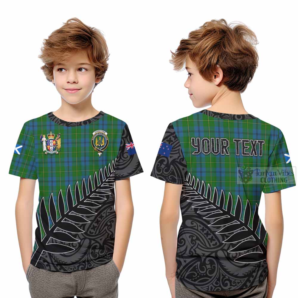 Tartan Vibes Clothing Johnstone (Johnston) Crest Tartan Kid T-Shirt with New Zealand Silver Fern Half Style