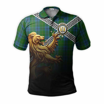 Johnstone (Johnston) Crest Tartan Polo Shirt with Golden Lion Emblem Celtic Style